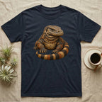 Navy t-shirt with a detailed, realistic illustration of a coiled monitor lizard.