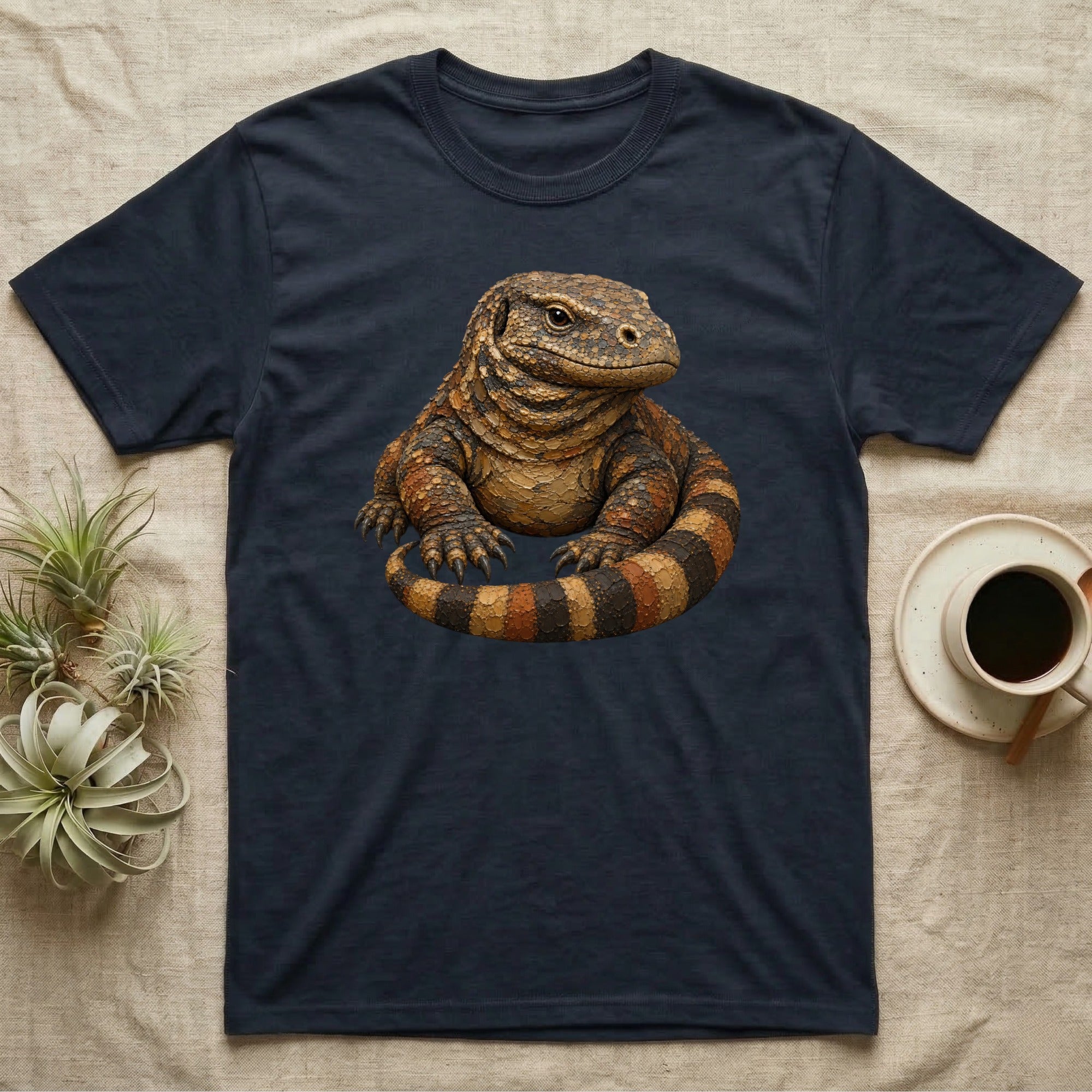 Navy t-shirt with a detailed, realistic illustration of a coiled monitor lizard.