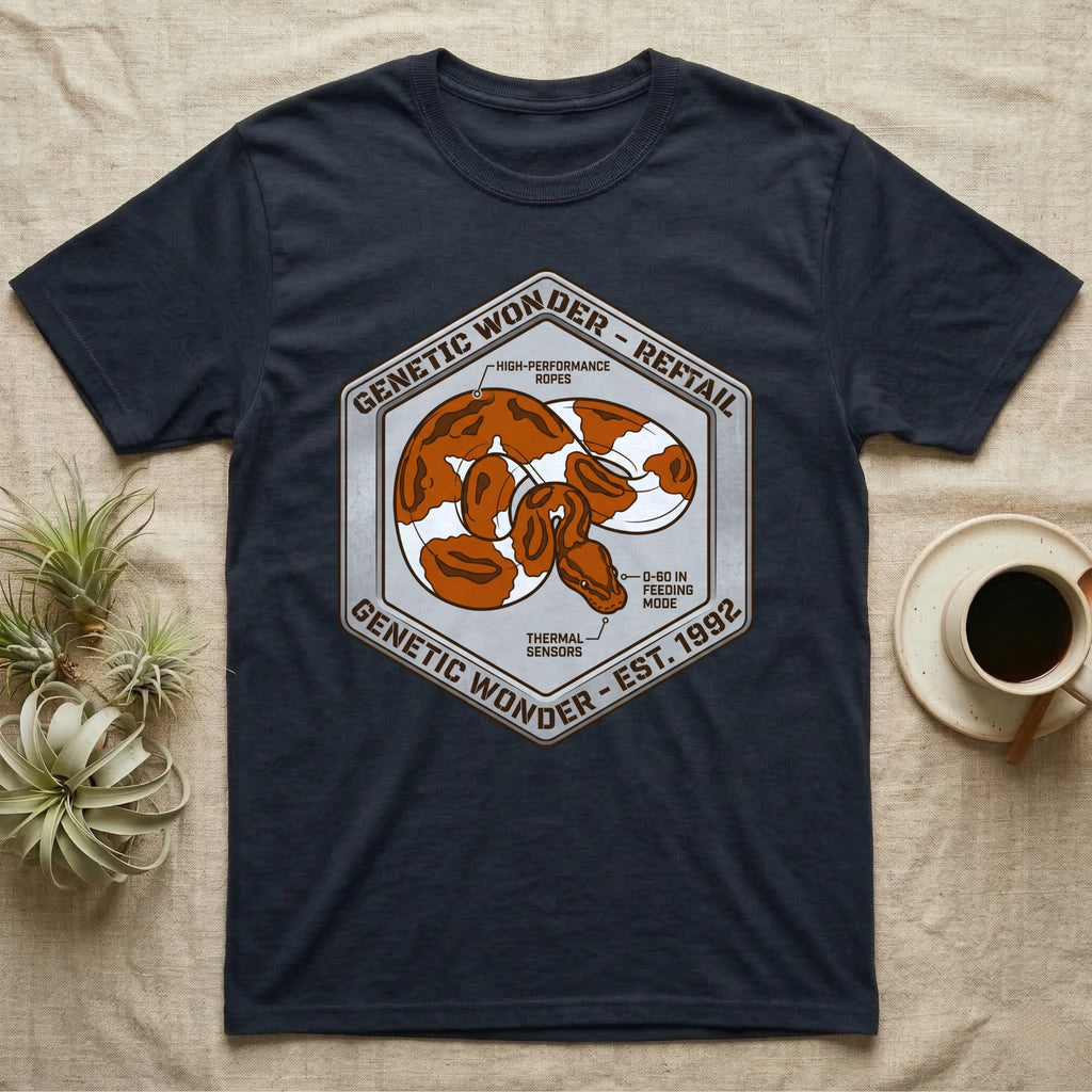 Dark t-shirt with hexagonal graphic of a snake, "Genetic Wonder - Reftail" and "Est. 1992".
