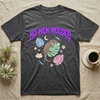 Mourning Gecko Feral T-Shirt in Dark Heather — Mourning gecko on a leaf flanked by clone silhouettes under a jagged violet metal "NO MEN NEEDED" wordmark.