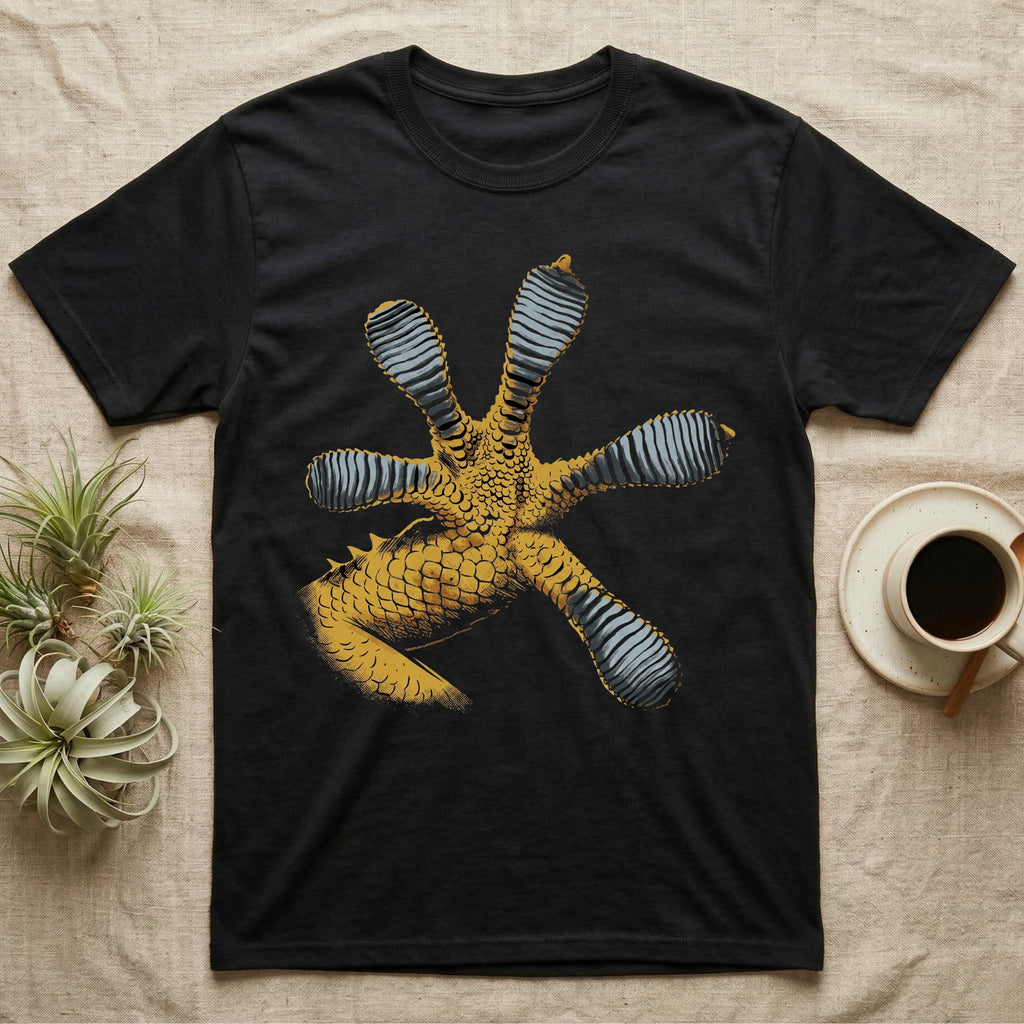 Macro illustration of a gecko's forefoot from underneath, ribbed blue-grey lamellae toe pads fanned against amber-gold scale texture, no on-shirt text. — shown on a Black tee.