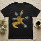 Macro illustration of a gecko's forefoot from underneath, ribbed blue-grey lamellae toe pads fanned against amber-gold scale texture, no on-shirt text. — shown on a Black tee.