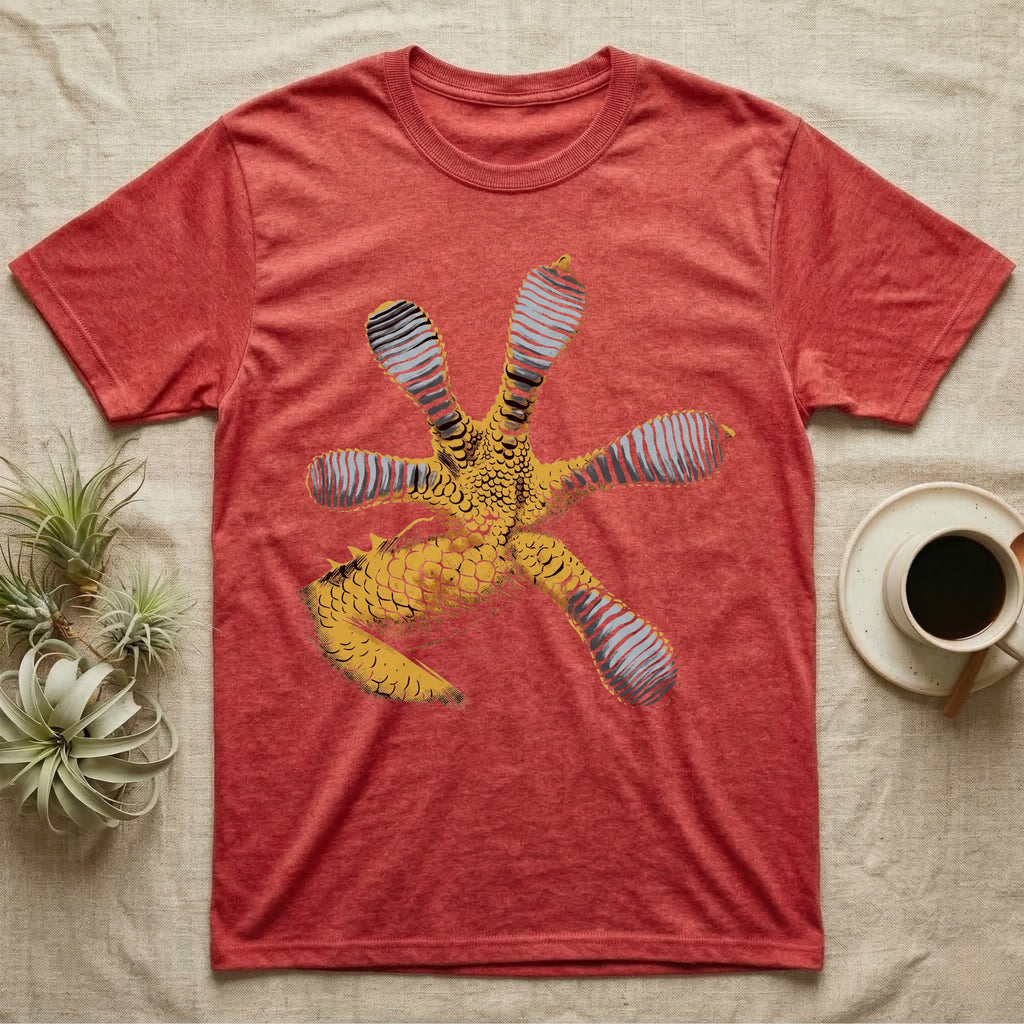 Macro illustration of a gecko's forefoot from underneath, ribbed blue-grey lamellae toe pads fanned against amber-gold scale texture, no on-shirt text. — shown on a Heather Red tee.