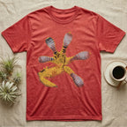 Macro illustration of a gecko's forefoot from underneath, ribbed blue-grey lamellae toe pads fanned against amber-gold scale texture, no on-shirt text. — shown on a Heather Red tee.