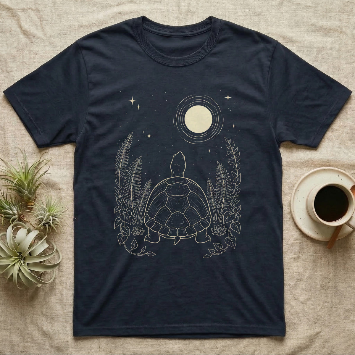 Eastern Box Turtle Moon T-Shirt in Navy — Warm-bone line drawing of an Eastern box turtle from behind gazing at a moon among ferns on grey