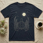 Eastern Box Turtle Moon T-Shirt in Navy — Warm-bone line drawing of an Eastern box turtle from behind gazing at a moon among ferns on grey