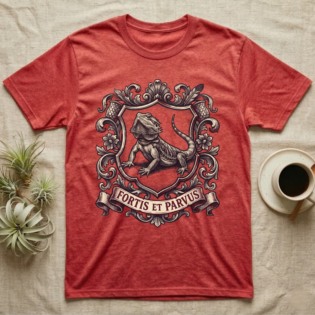 Bearded Dragon Heraldry T-Shirt in Heather Red — Engraved heraldic crest of a bearded dragon posed as a regal dragon on a shield with a ribbon banner.