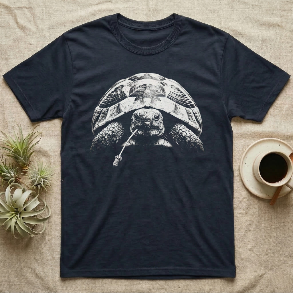 Hermann's Tortoise Tough T-Shirt in Navy — Black-and-white photo of a Hermann's tortoise staring ahead, a dandelion stem hanging from its beak like a cigarette
