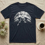 Hermann's Tortoise Tough T-Shirt in Navy — Black-and-white photo of a Hermann's tortoise staring ahead, a dandelion stem hanging from its beak like a cigarette
