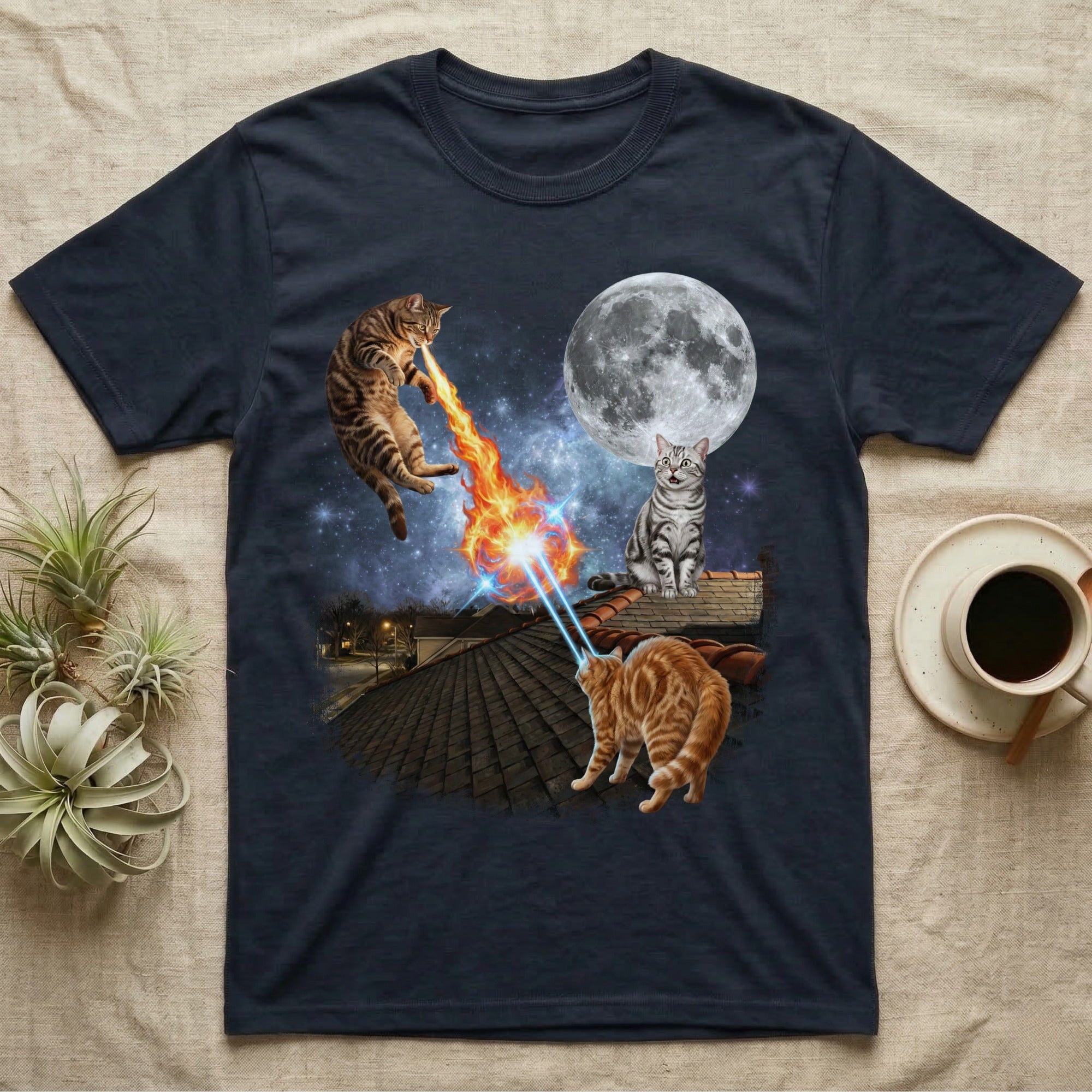 Cats with laser eyes fighting amidst fire and a full moon.