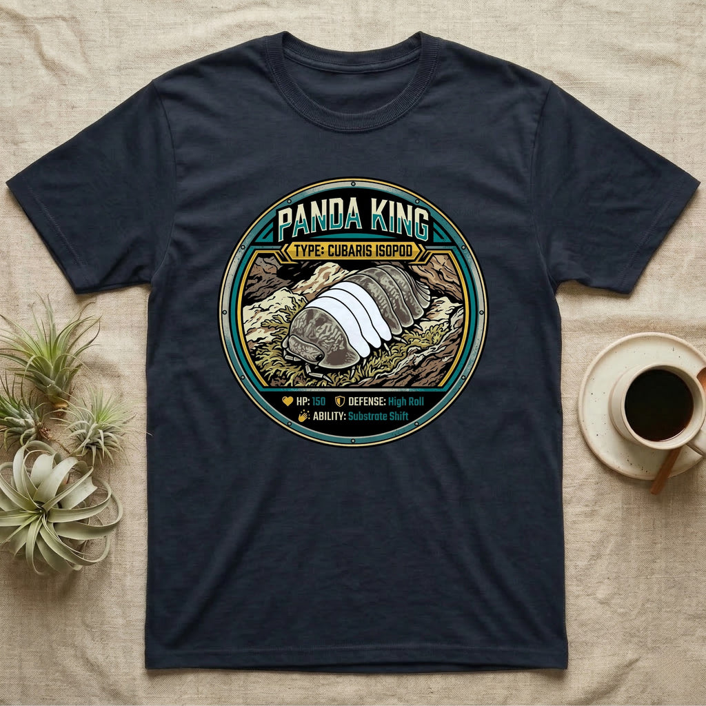 Panda King Isopod Trading Card T-Shirt in Navy — Metal stat-card badge showing a Panda King Cubaris isopod on limestone with HP and ability lines.
