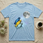 Poison Dart Frog Moon Howl T-Shirt in Light Blue — Three Poison Dart Frog colour morphs howling at a full moon over a nebula on a dark grey t-shirt.