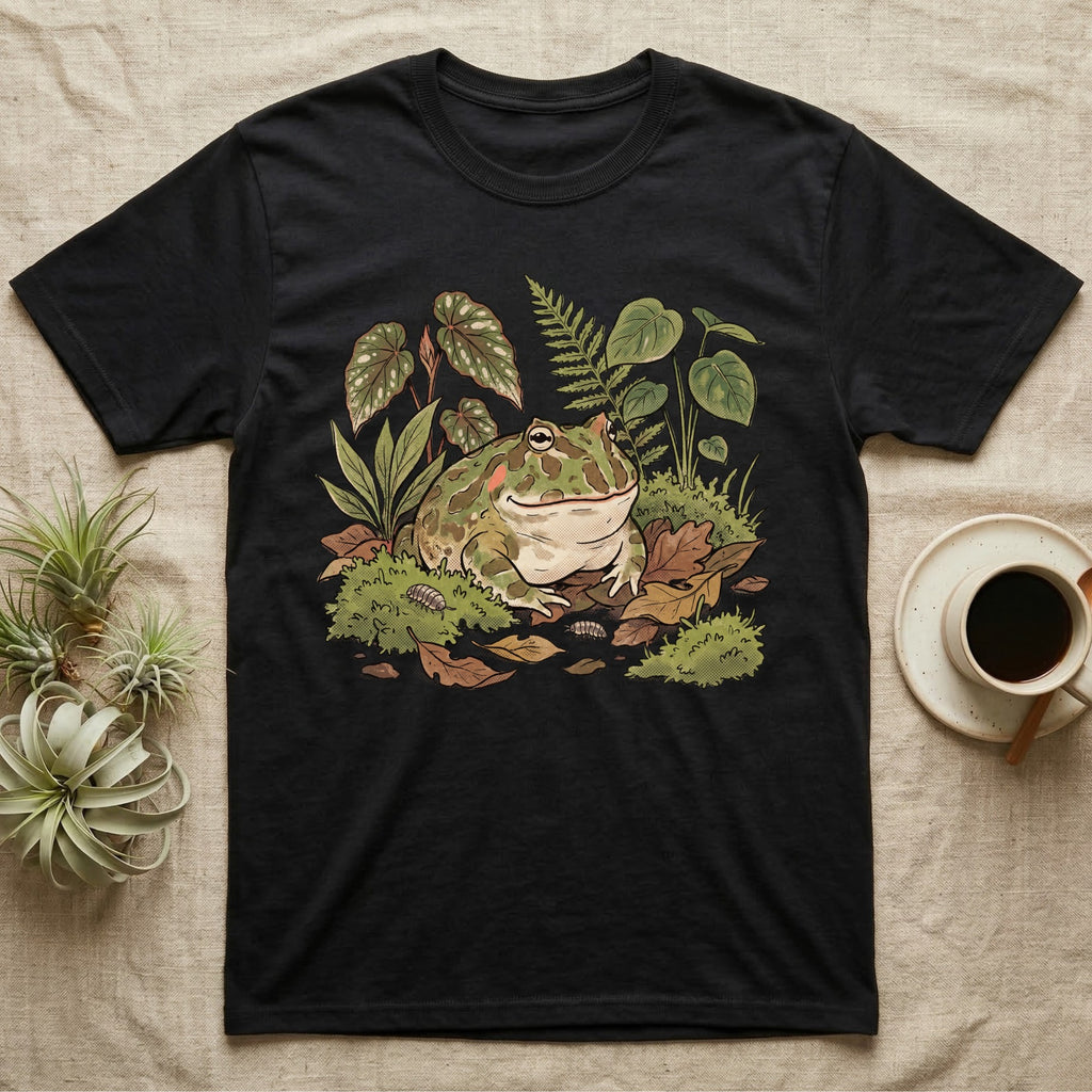 Bioactive Pacman Frog T-Shirt in Black — Warm botanical illustration of a content pacman frog half-buried in a lush bioactive habitat of moss and leaf litter.
