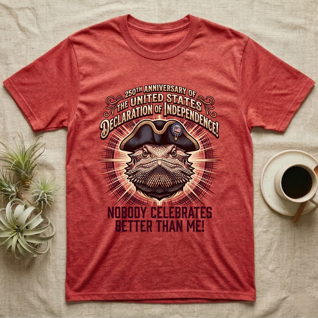 Bearded Dragon Declaration T-Shirt in Heather Red — Ornate engraved bearded dragon portrait in a tricorn hat on a cream sunburst with Nobody Celebrates Better Than Me.