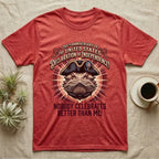 Bearded Dragon Declaration T-Shirt in Heather Red — Ornate engraved bearded dragon portrait in a tricorn hat on a cream sunburst with Nobody Celebrates Better Than Me.