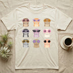 Hognose Morphs Sunglasses T-Shirt in Natural — Gouache grid of nine western hognose snake morphs as frontal busts, each wearing different sunglasses