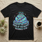 Ball Python Birthday Cake T-Shirt in Black — Y2K pastel ball python coiled as a birthday cake with 250 candles and bubble text Land of the Free, Sssince 1776.