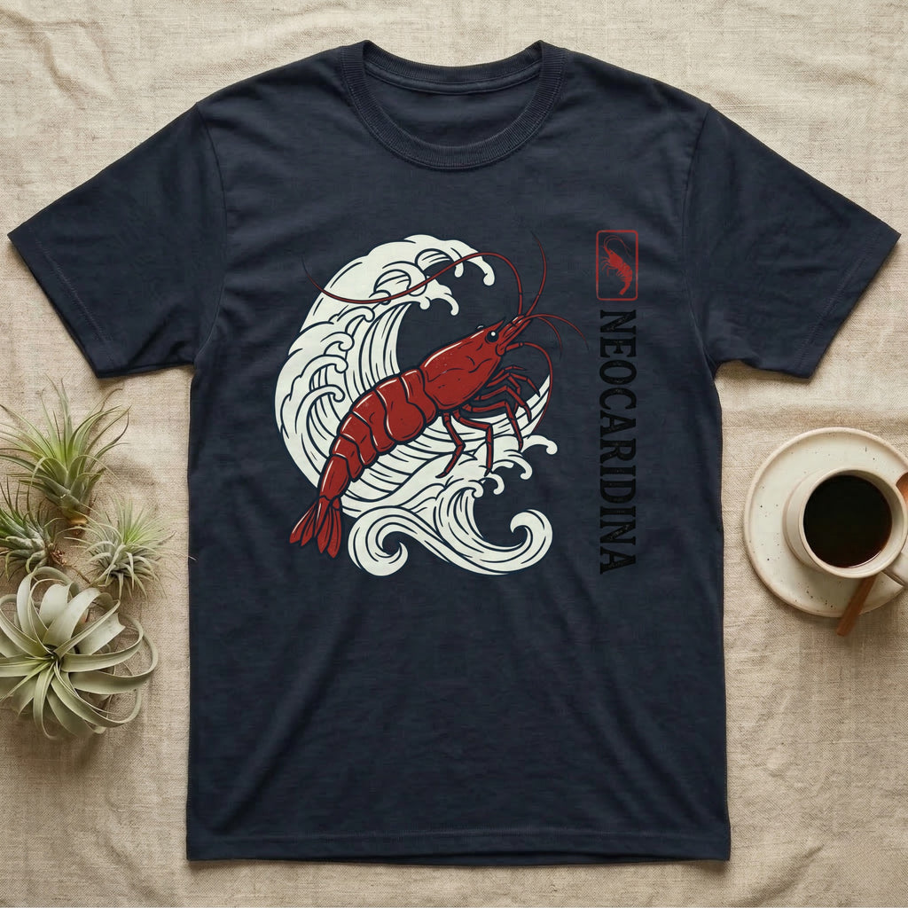 Dark t-shirt with red shrimp and wave design, "Neocaridina" text.