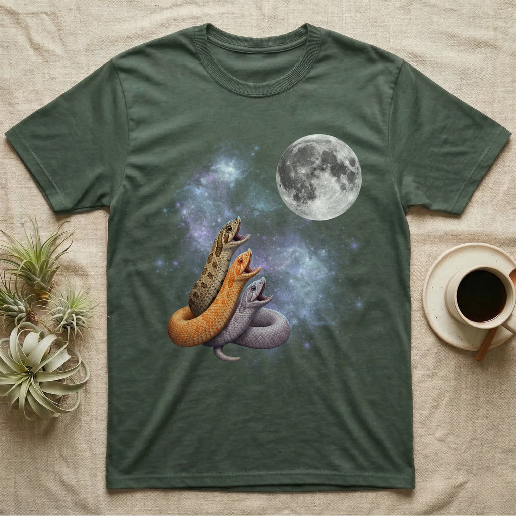 Western Hognose Snake Moon Howl T-Shirt in Military Green — Three Western Hognose Snake colour morphs howling at a full moon over a nebula on a dark grey t-shirt.