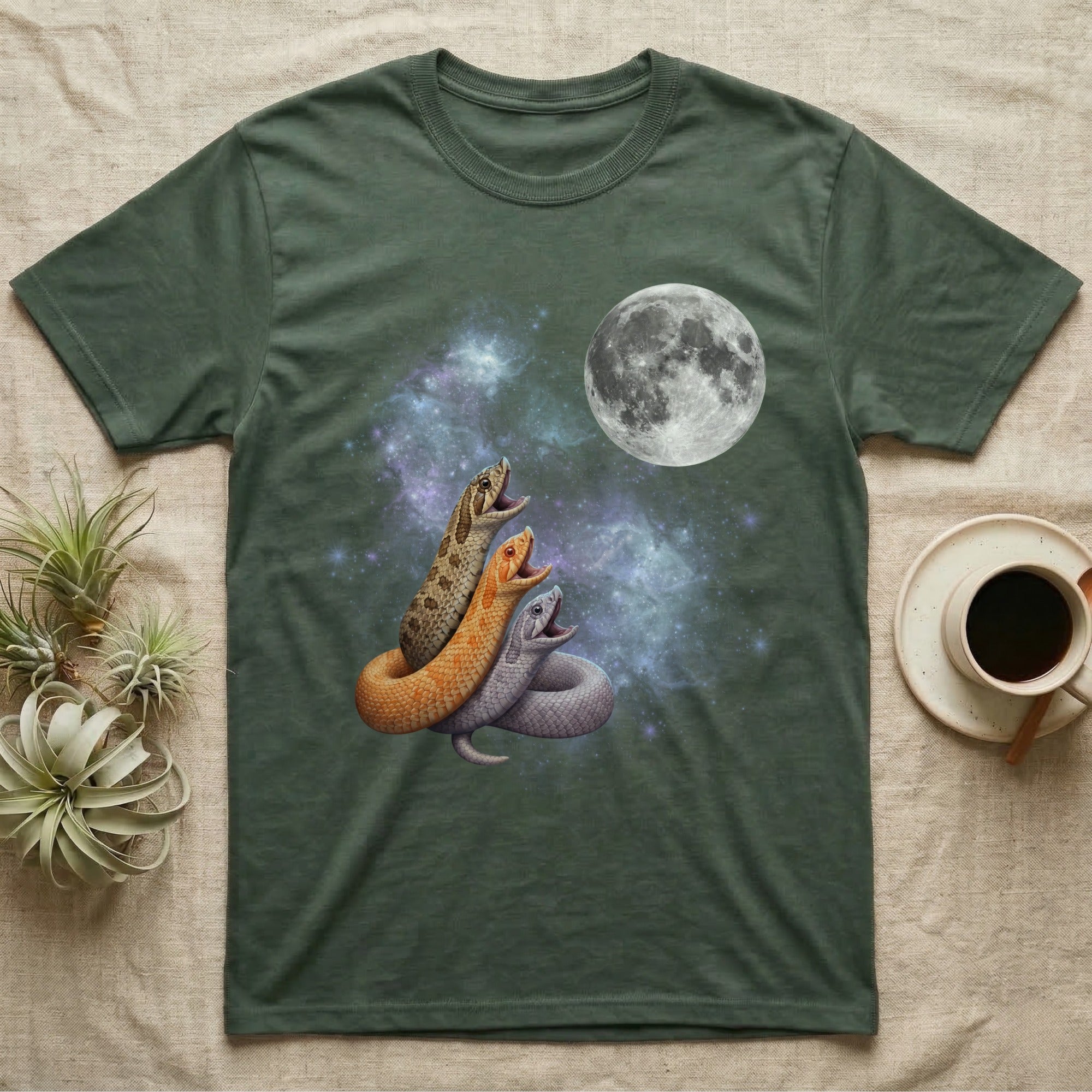 Western Hognose Snake Moon Howl T-Shirt in Military Green — Three Western Hognose Snake colour morphs howling at a full moon over a nebula on a dark grey t-shirt.