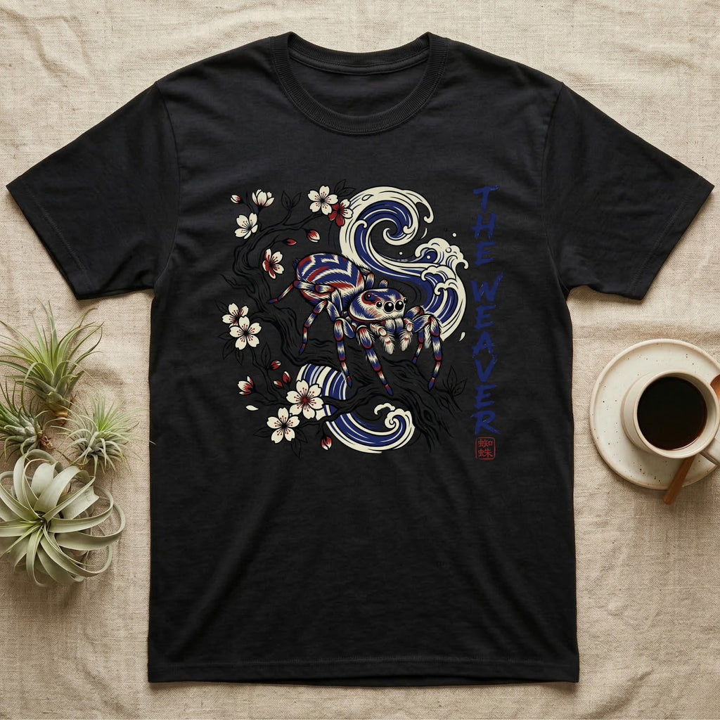 Black t-shirt with spider and wave design, "The Weaver" text.