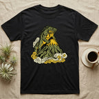 Black t-shirt with a green iguana on a mountain with clouds.