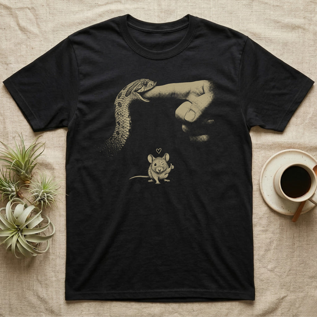 Hognose Finger Bite T-Shirt in Black — Single-ink western hognose biting a fingertip while a winking mouse below gives a thumbs-up, on black.