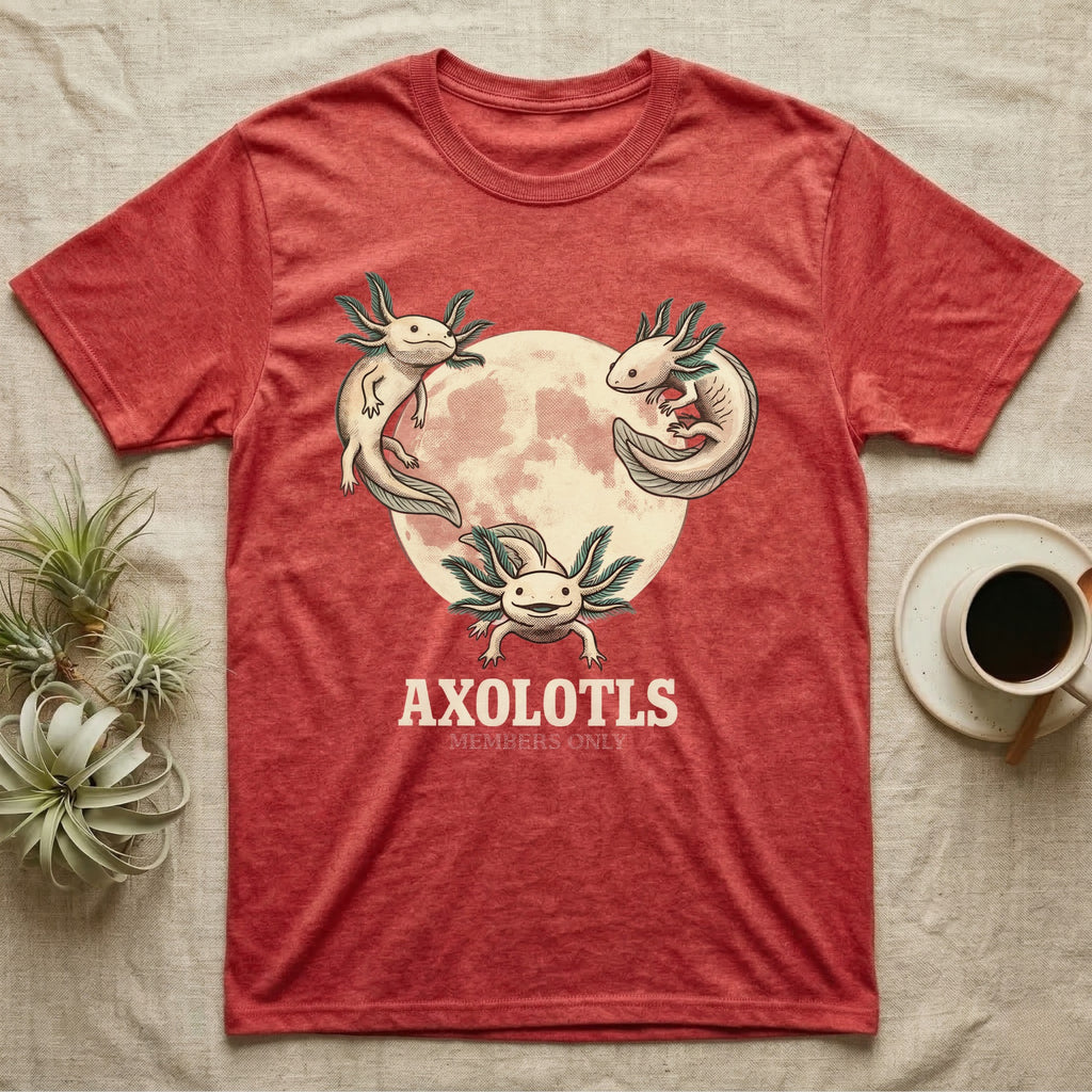 Three Axolotl Moon Tee in Heather Red — Retro-illustration of three smiling axolotls with feathery gill plumes arranged around a stratified halftone full moon.