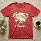 Three Axolotl Moon Tee in Heather Red — Retro-illustration of three smiling axolotls with feathery gill plumes arranged around a stratified halftone full moon.