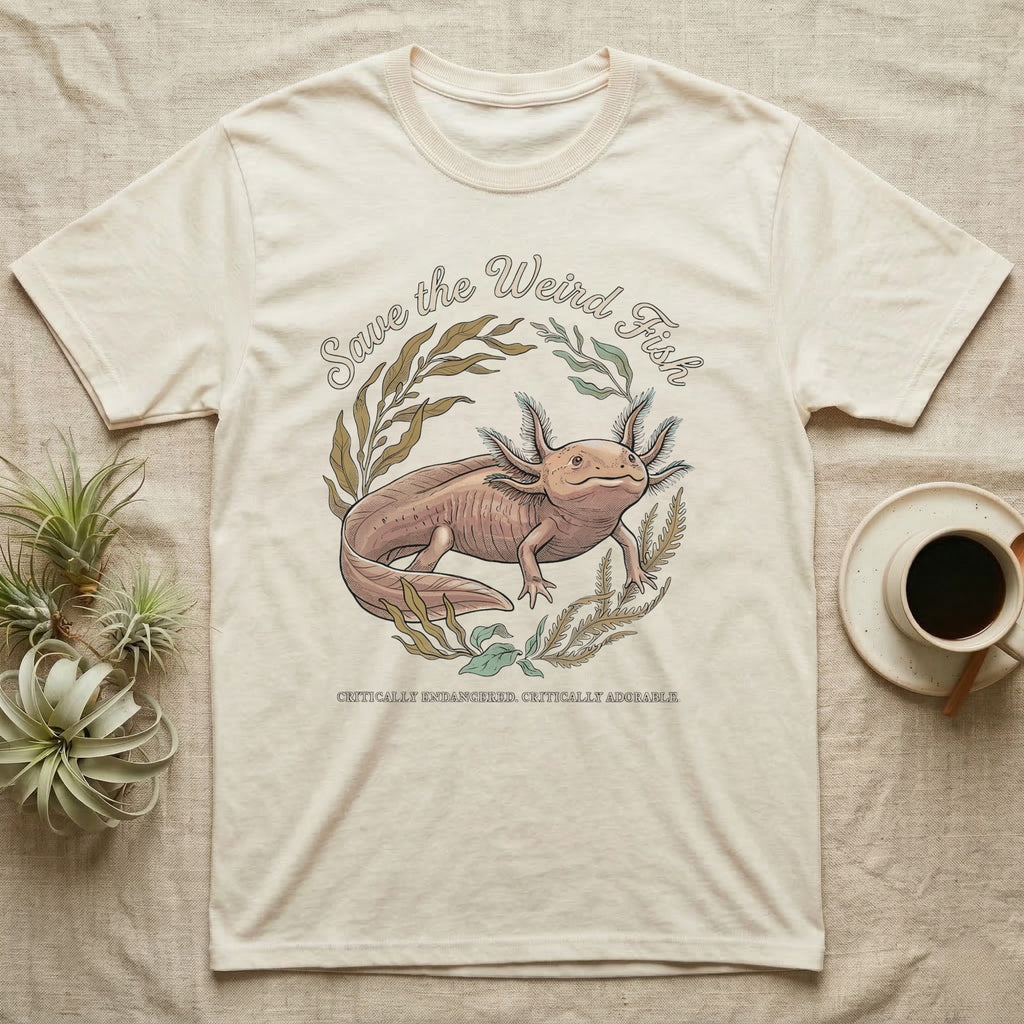 Axolotl Save Weird Fish T-Shirt in Natural — Botanical axolotl with teal gill plumes inside a water-plant wreath; script type "Save the Weird Fish" arched above.