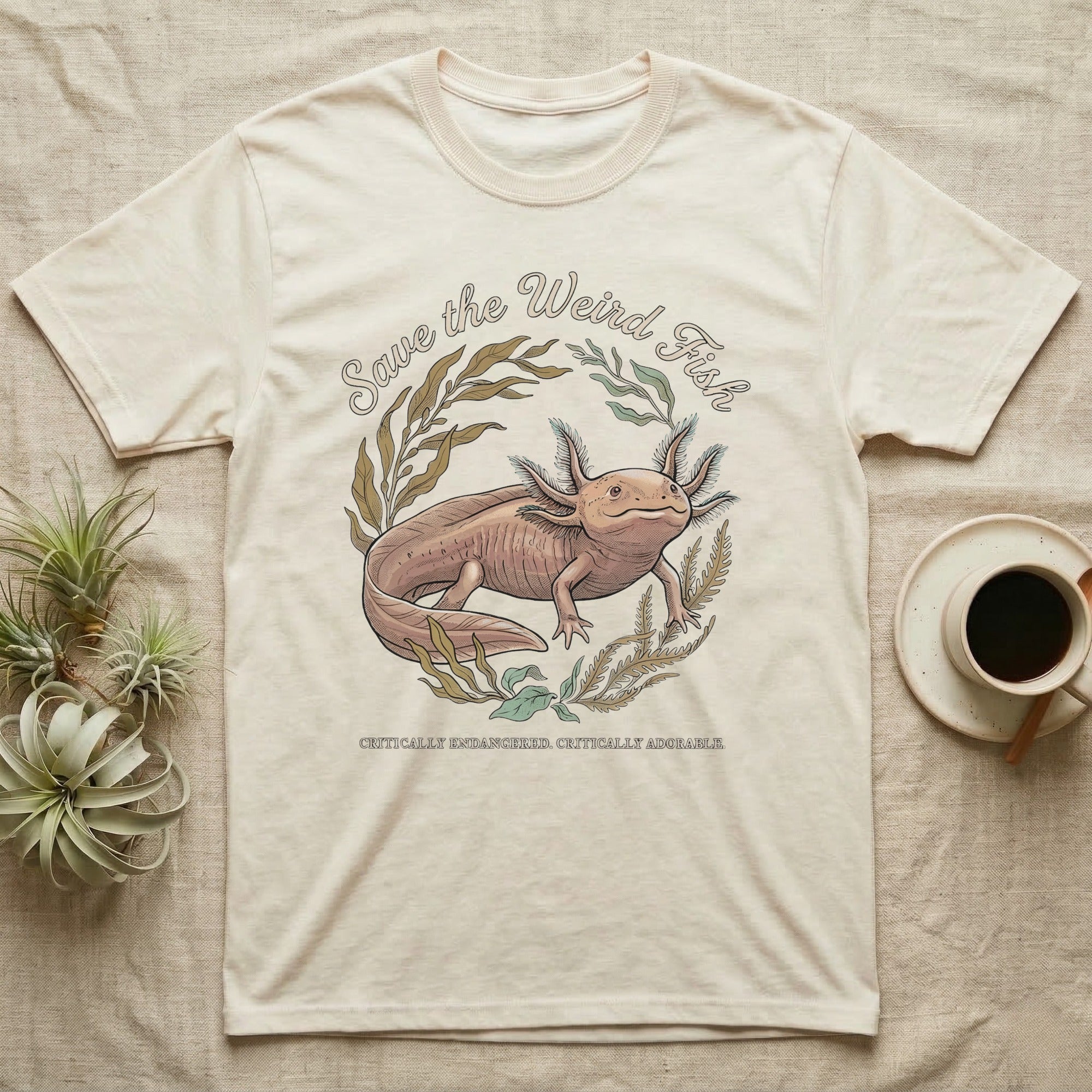 Axolotl Save Weird Fish T-Shirt in Natural — Botanical axolotl with teal gill plumes inside a water-plant wreath; script type "Save the Weird Fish" arched above.
