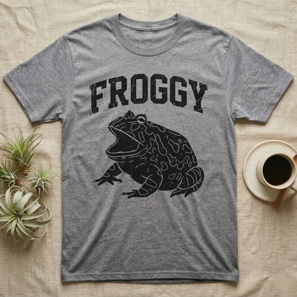 Pacman Frog Froggy T-Shirt in Sport Grey — Worn one-ink print of a round pacman frog puffed up with its mouth gaped wide, under the arched word FROGGY