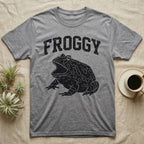 Pacman Frog Froggy T-Shirt in Sport Grey — Worn one-ink print of a round pacman frog puffed up with its mouth gaped wide, under the arched word FROGGY