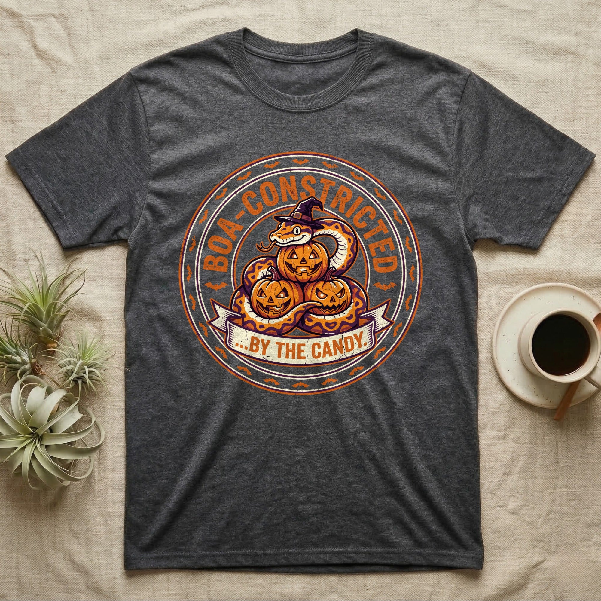 Ball Python Boa-Constricted Candy T-Shirt in Dark Heather — Distressed badge of a witch-hatted ball python on three jack-o'-lanterns, "Boa-Constricted by the Candy."