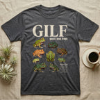 Pacman Frog GILF T-Shirt in Dark Heather — Nine pacman frogs in a scattered cut-out photo collage beneath the huge cream word GILF on a grey ground.