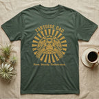 Hermann's Tortoise Dad T-Shirt in Military Green — Folk woodblock sunburst badge of a Hermann's tortoise with arched "Tortoise Dad" lettering in ochre ink.