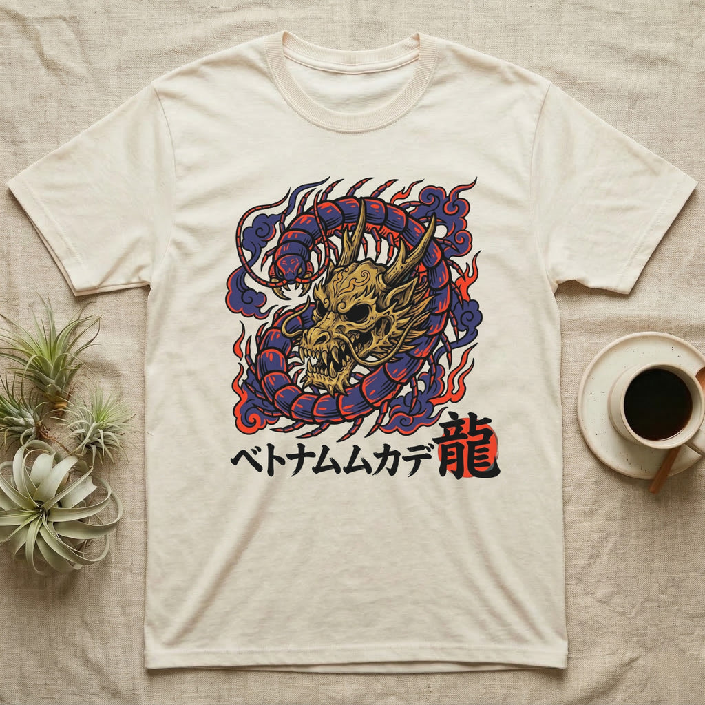 Cream t-shirt with a detailed dragon design and Japanese text.