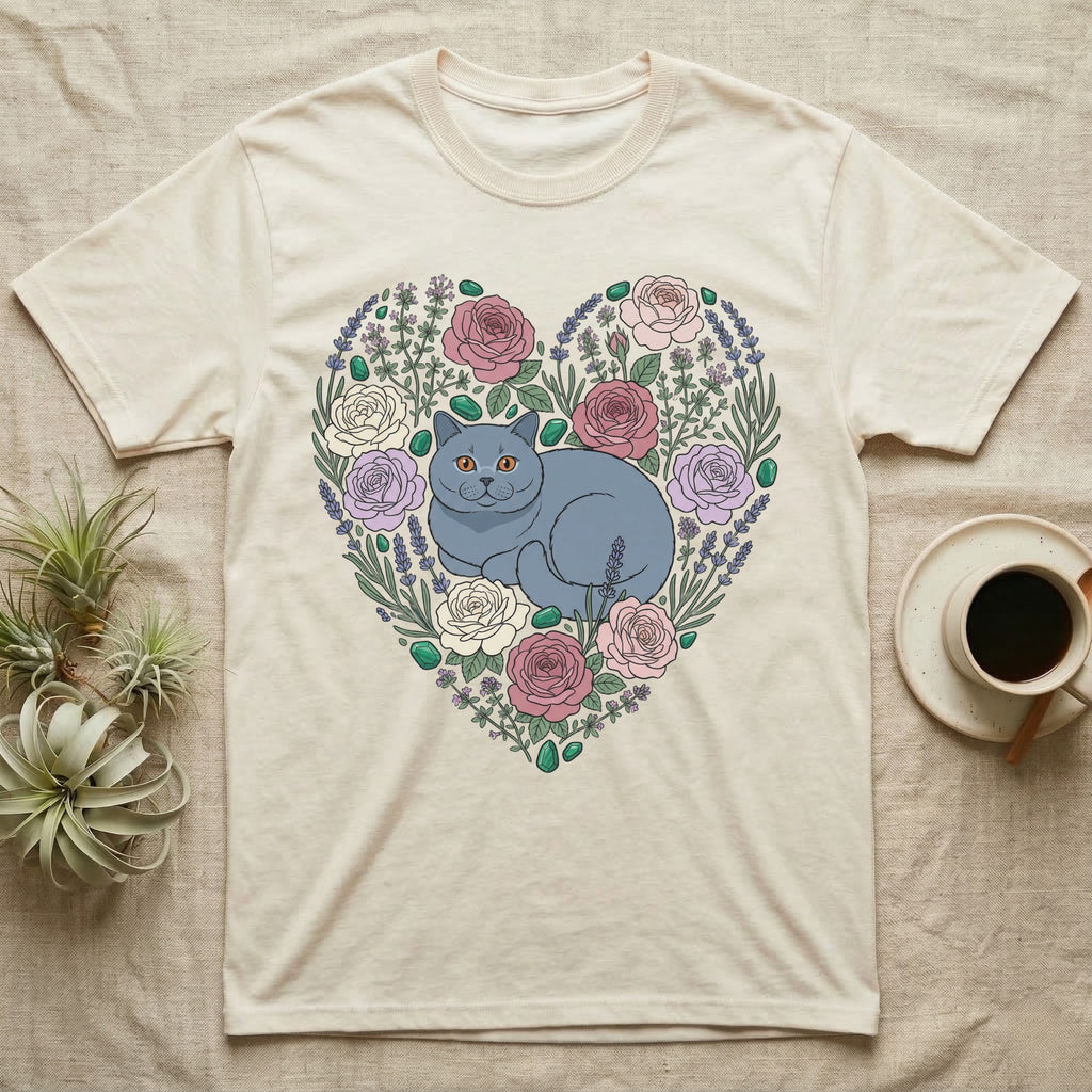 Cream t-shirt with a heart-shaped floral design featuring a gray cat.