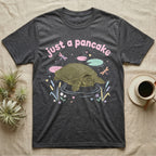 Spiny Softshell Turtle Baby T-Shirt in Dark Heather — Pastel spiny softshell turtle with flat shell and snorkel nose among lily pads, puffy pink wordmark "just a pancake" above.