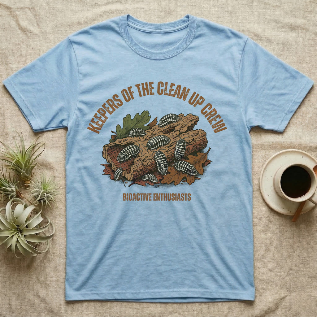 Zebra Isopod Clean Up Crew T-Shirt in Light Blue — Distressed vintage print of zebra isopods on a cork log under arched "Keepers of the Clean Up Crew".