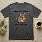 Gray t-shirt with pixelated raccoon eating pizza, "Trash Panda HIGH SCORE: 000".