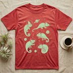 Veiled Chameleon Cosmic T-Shirt in Heather Red — Vintage screen-print illustration of veiled chameleons in astronaut helmets floating in space, cosmic nebula mint green monochromatic on dark background.