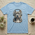 Light blue t-shirt with a watercolor pitbull wearing headphones.