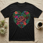 Black t-shirt featuring a heart-shaped floral design with a snake in the center.