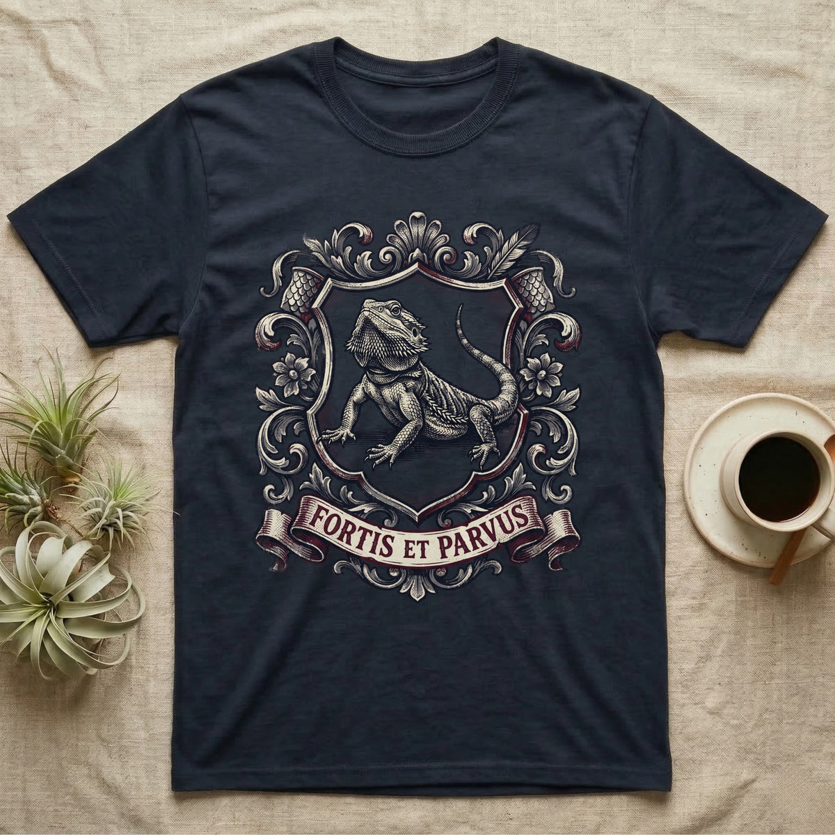 Bearded Dragon Heraldry T-Shirt in Navy — Engraved heraldic crest of a bearded dragon posed as a regal dragon on a shield with a ribbon banner.