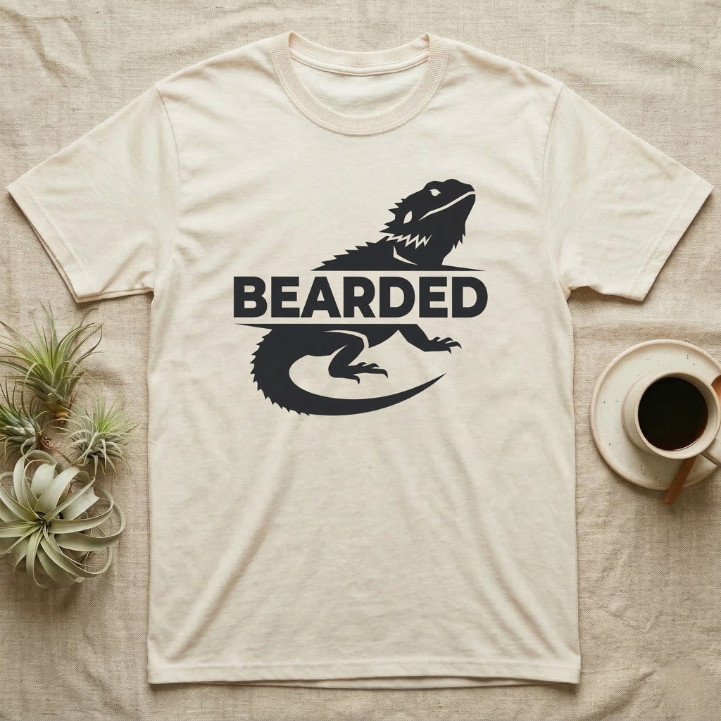 Cream t-shirt with black bearded dragon and "BEARDED" text.
