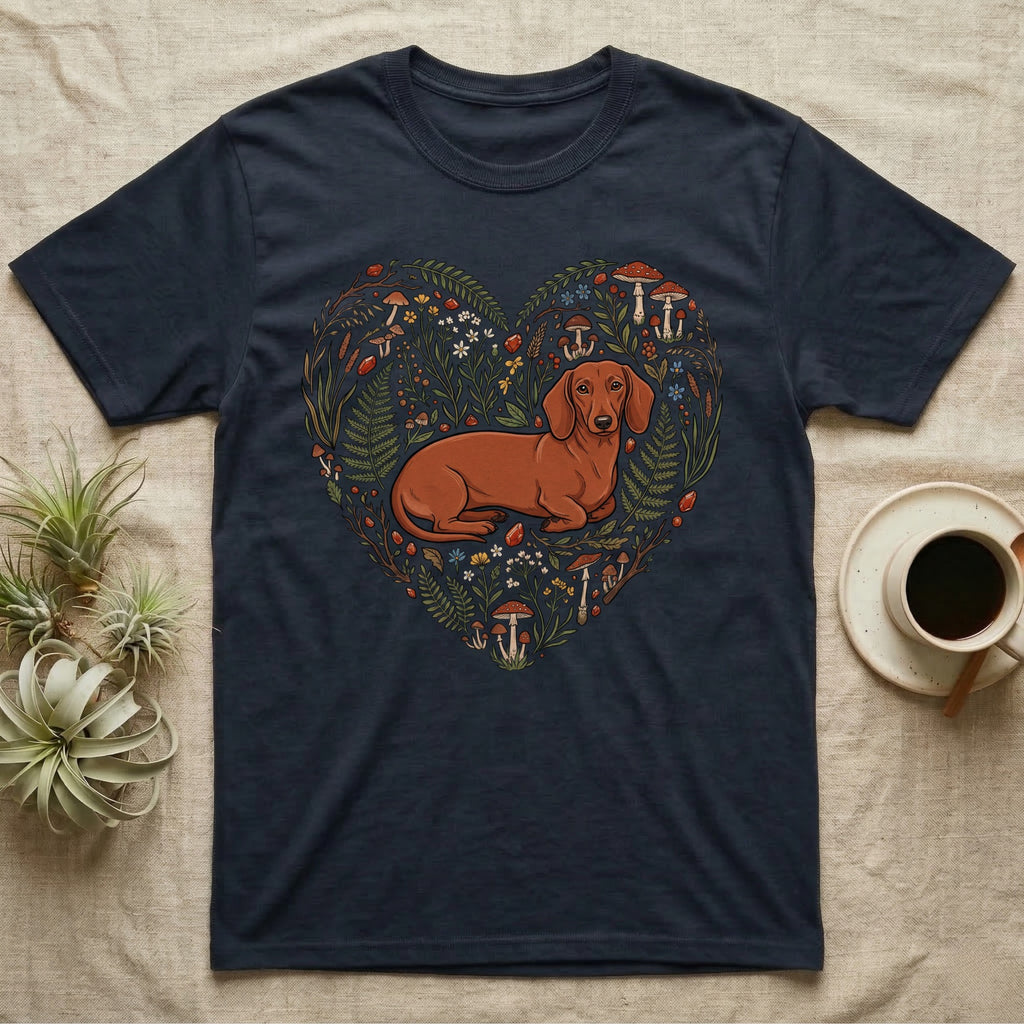 Dachshund on a dark blue t-shirt with a heart-shaped floral and mushroom design.