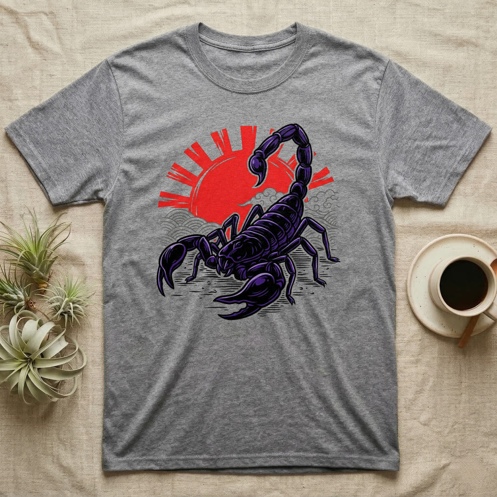 Grey t-shirt with a stylized purple scorpion and red sun design.