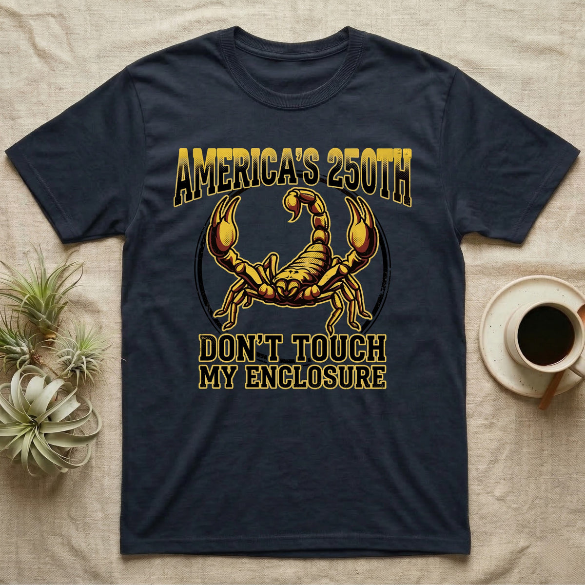 Emperor Scorpion Enclosure Tee in Navy — Bold gold and maroon halftone tee of an emperor scorpion with raised pincers, lettering reading AMERICA'S 250TH Don't Touch My Enclosure on black.