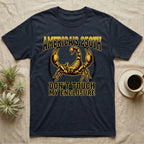 Emperor Scorpion Enclosure Tee in Navy — Bold gold and maroon halftone tee of an emperor scorpion with raised pincers, lettering reading AMERICA'S 250TH Don't Touch My Enclosure on black.